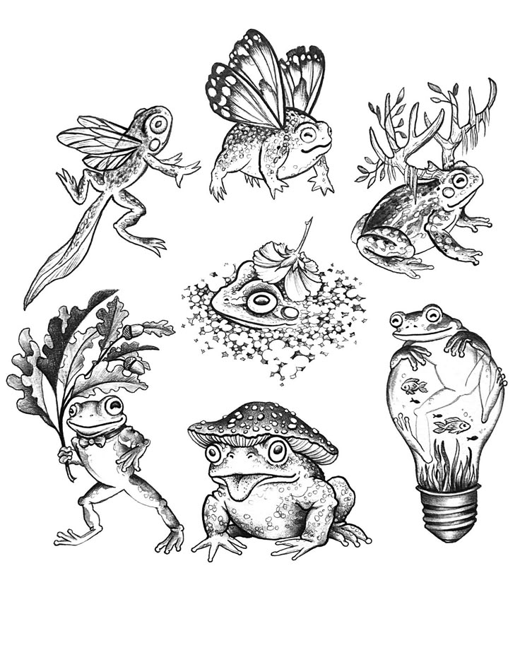 frogs and butterflies are depicted in this black and white drawing