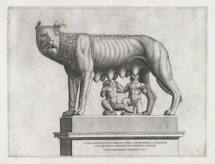 a drawing of a dog with two babies on it's back legs, standing next to a statue of a lion