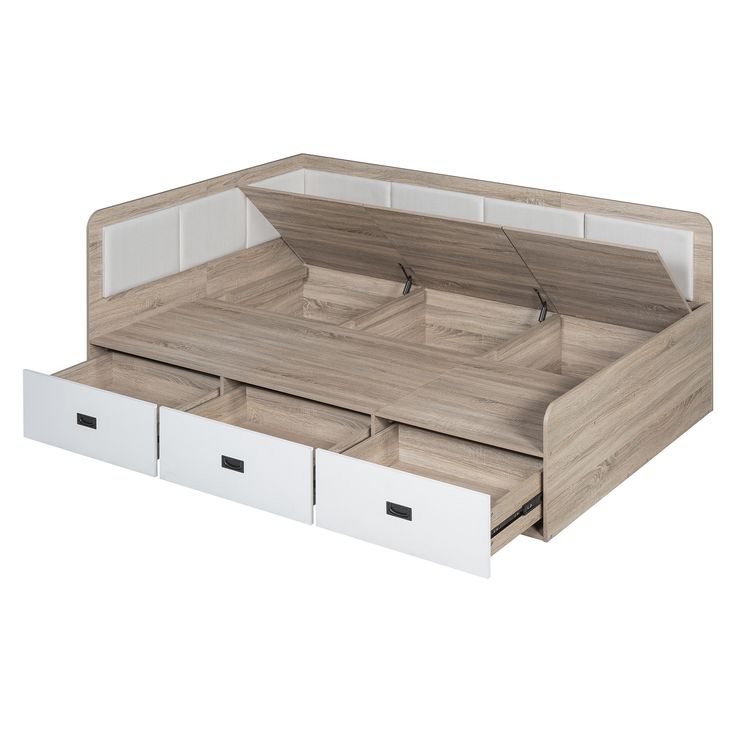 a bed with drawers underneath it on a white background