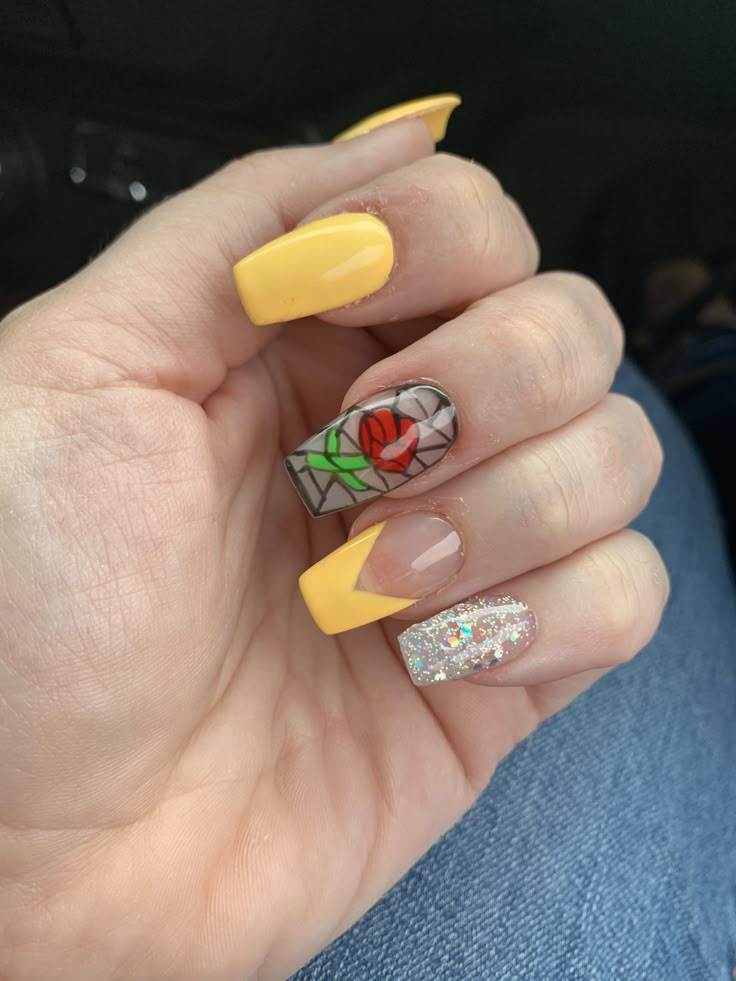 Rose Nails Acrylic Art Designs, Beauty And Beast Nail Ideas, Beauty Beast Nails, Beauty And The Beast Rose Nails, Beauty And The Beast Quinceanera Nails, Disney Nails Beauty And The Beast, Disney Princess Acrylic Nails, Beauty And The Beast Themed Nails, Beauty And The Beast Nails Simple