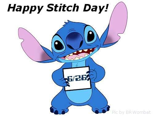 a cartoon character holding a sign that says happy stitch day