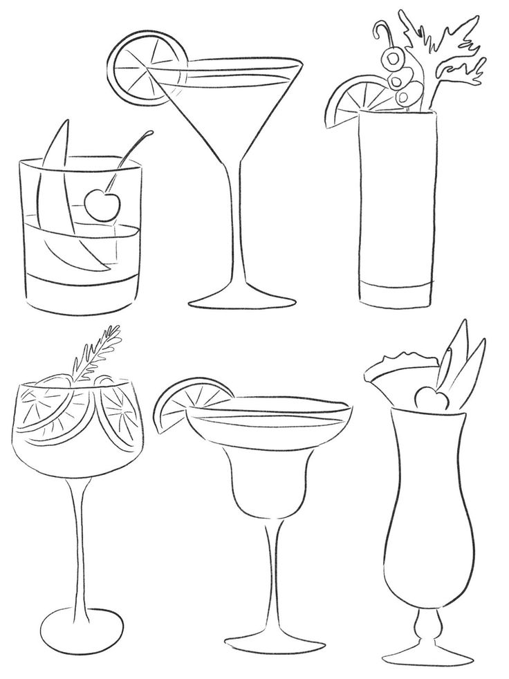 four different types of cocktails are shown in black and white