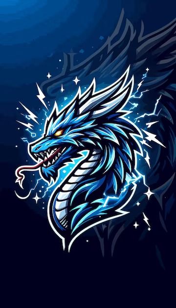 a blue dragon with white wings on it's head and stars in the background