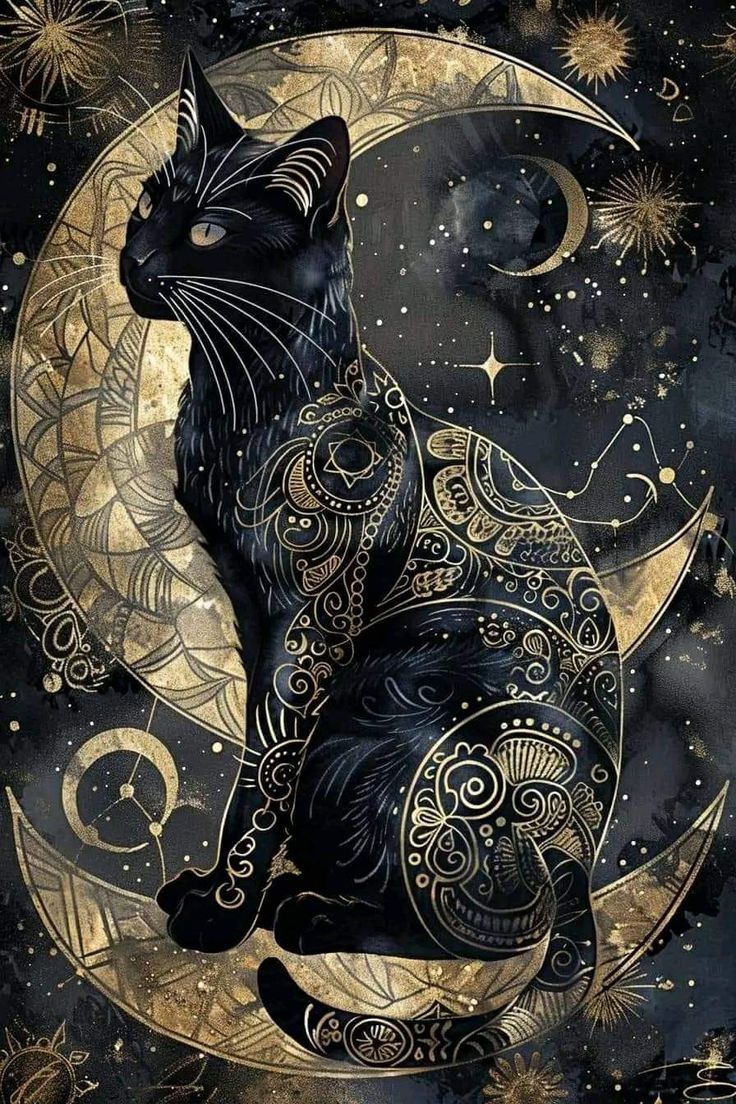 a black cat sitting on the moon with stars and crescents in the night sky