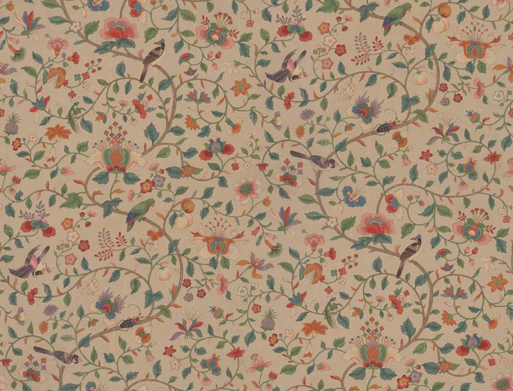 an old fashioned wallpaper with birds and flowers on the side, all in different colors