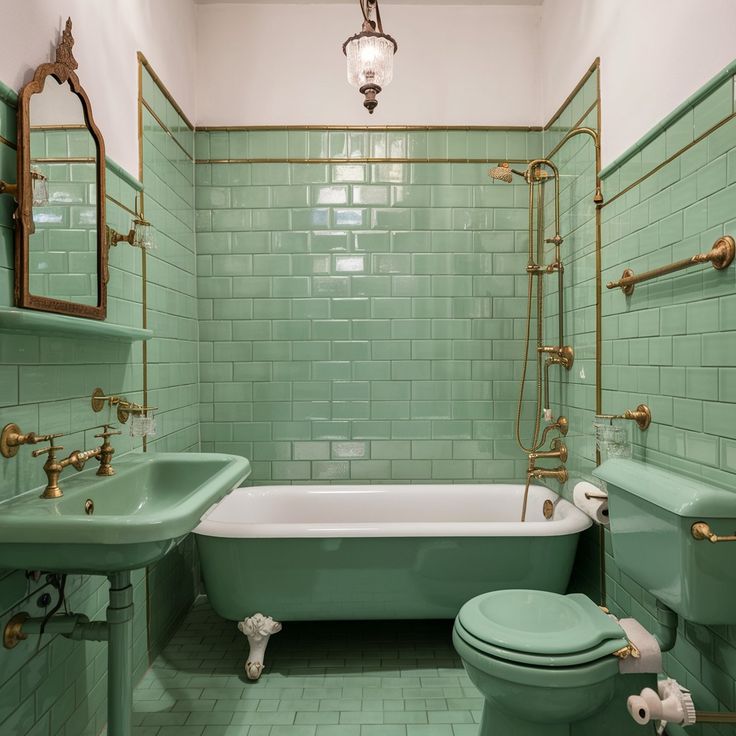 a bathroom with green tiles and gold fixtures on the walls, along with a white toilet and bathtub