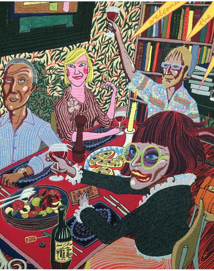 a painting of people sitting at a table with food and drinks in front of them