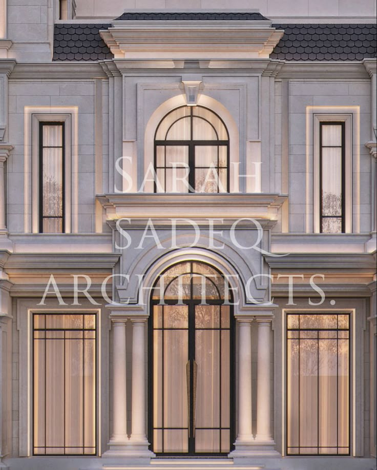 an architectural rendering of the front facade of a large building with arched windows and doors