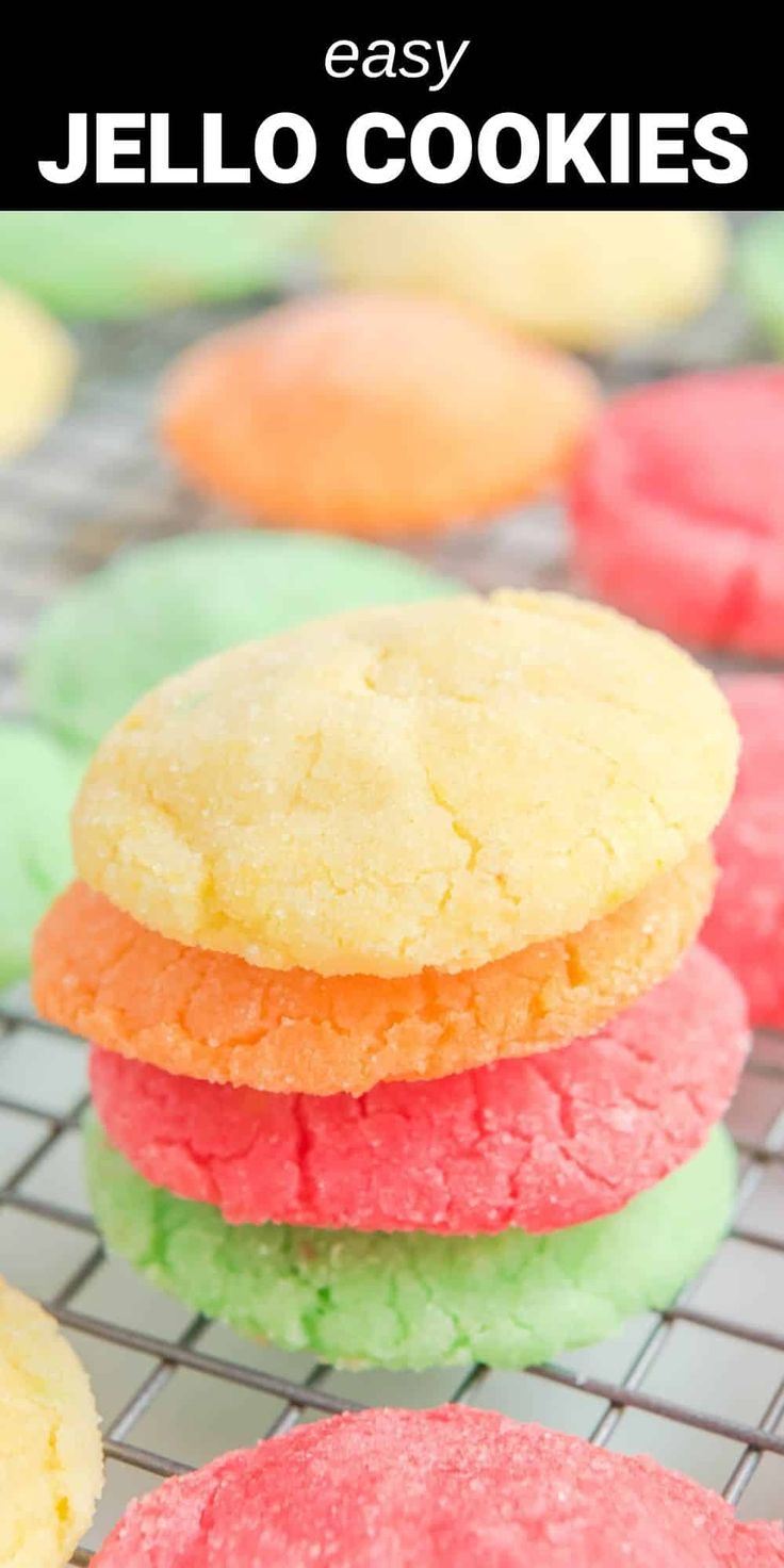 colorful cookies on a cooling rack with the words easy jello cookies overlayed