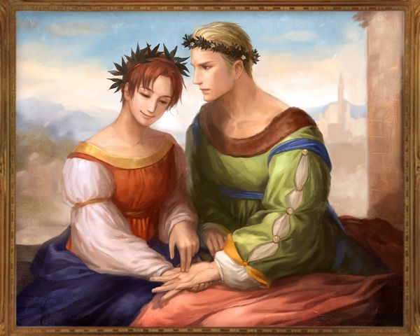 a painting of two people sitting next to each other