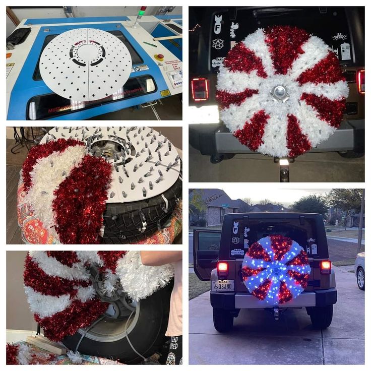 four different pictures of the back of a truck decorated with red, white and blue decorations