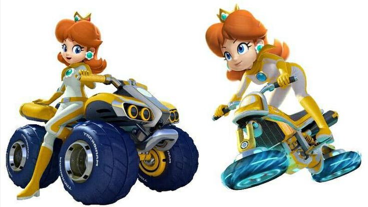 an image of two cartoon characters riding on four wheeled vehicles in the same direction as they look like they're from mario kart