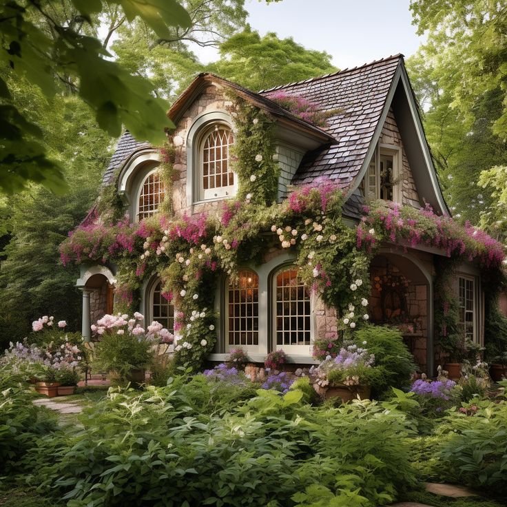 a small house with lots of flowers on the windows