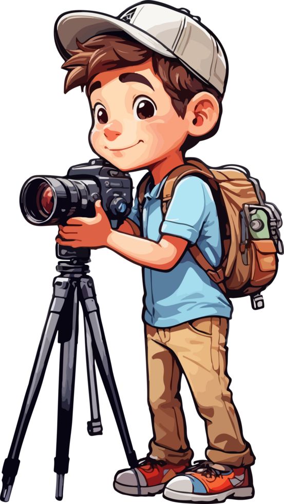 a boy with a camera on a tripod