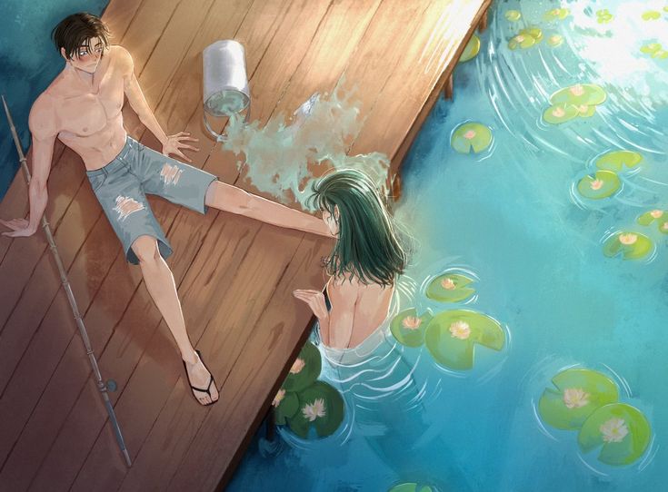 a man and woman sitting on a dock in the water with lily pads around them