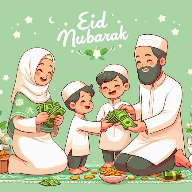 an illustration of a family celebrating eid mubarak with money in their hands