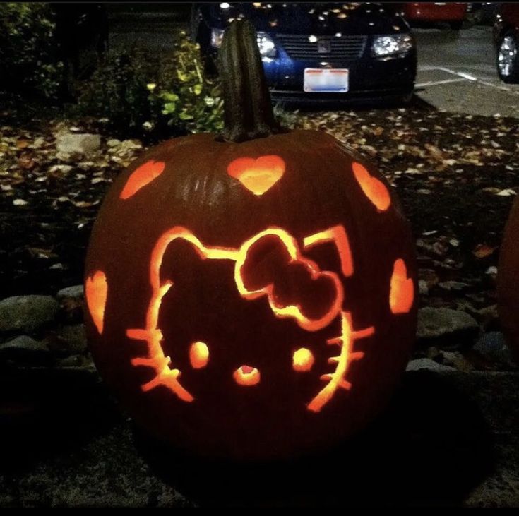 a hello kitty pumpkin carved to look like it has been carved