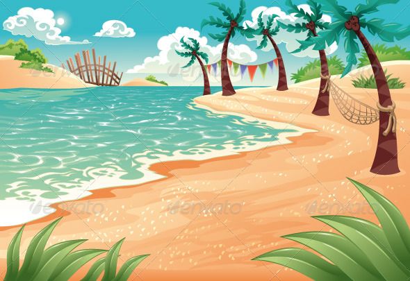 a tropical beach with palm trees and hammock in the foreground - backgrounds decorative