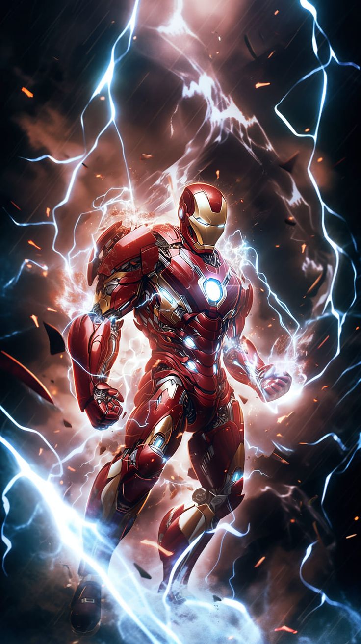 the iron man is running through lightning