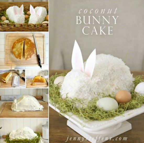 an easter cake with bunny ears and eggs in the middle, surrounded by other pictures