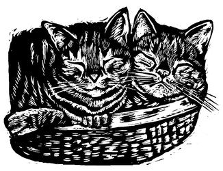 black and white drawing of two kittens in a basket