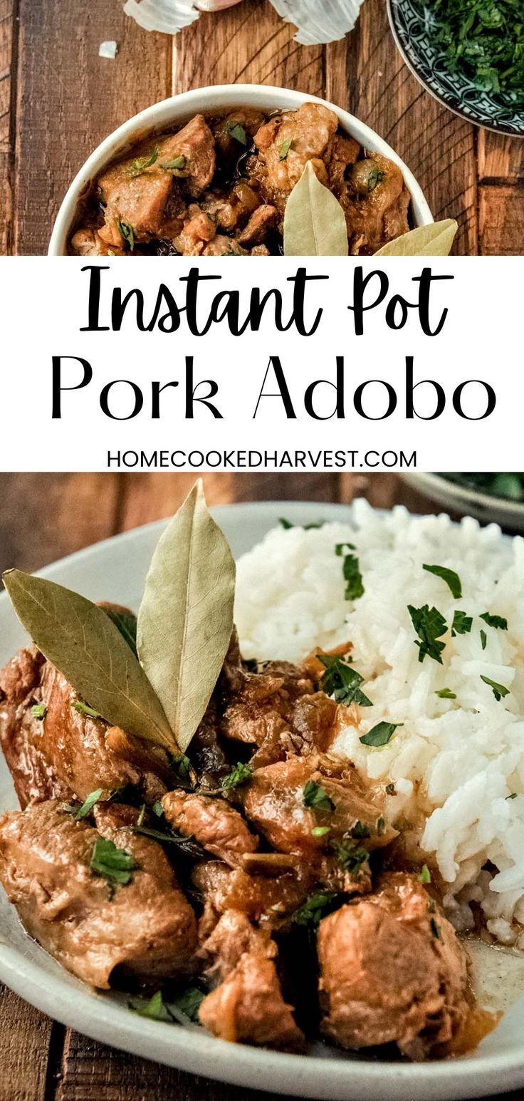 instant pot pork adobo with rice and herbs on the side, in a white bowl