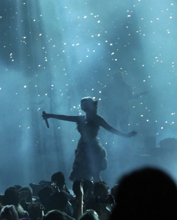 a woman standing on top of a stage in front of a crowd at a concert