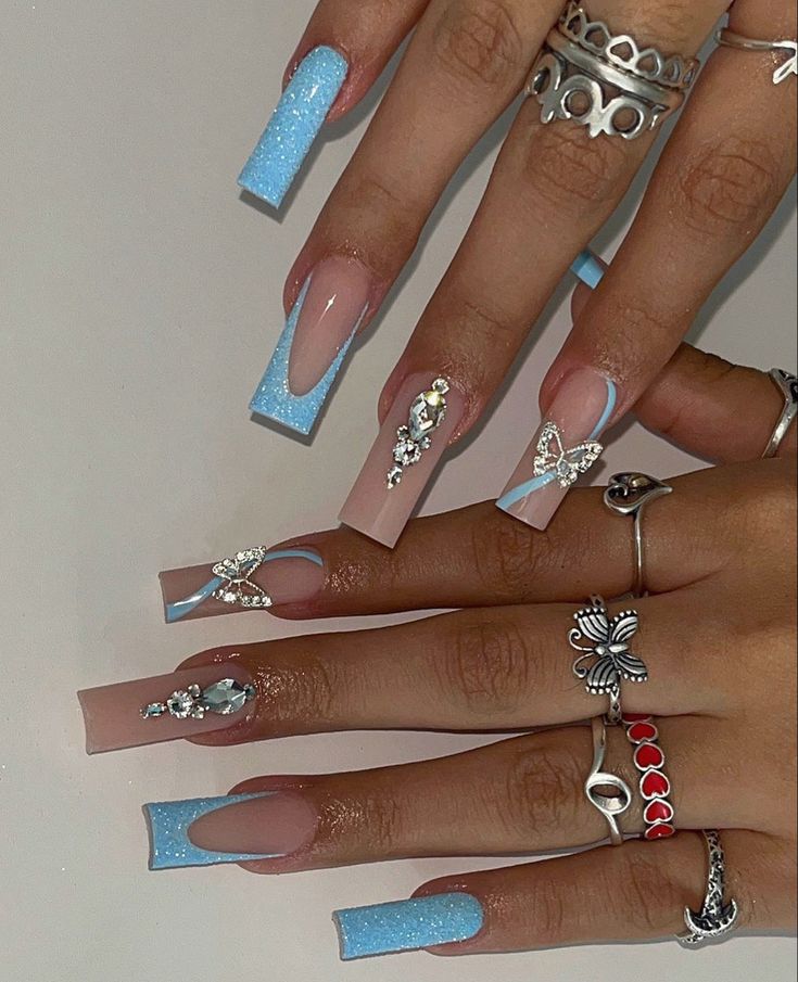 Light Blue 15 Nails, Dark Blue And White French Tip Nails, Light Blue Nails Birthday, Light Blue Nails Medium Length, Blue Nails Baby Shower Ideas, Blue Icy Nails, Baby Blue Quince Nails, Prom Nail Ideas Acrylics, Blue And Silver Prom Nails