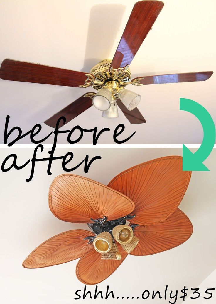 the before and after photos of a ceiling fan with wood blades on it, showing how to fix them