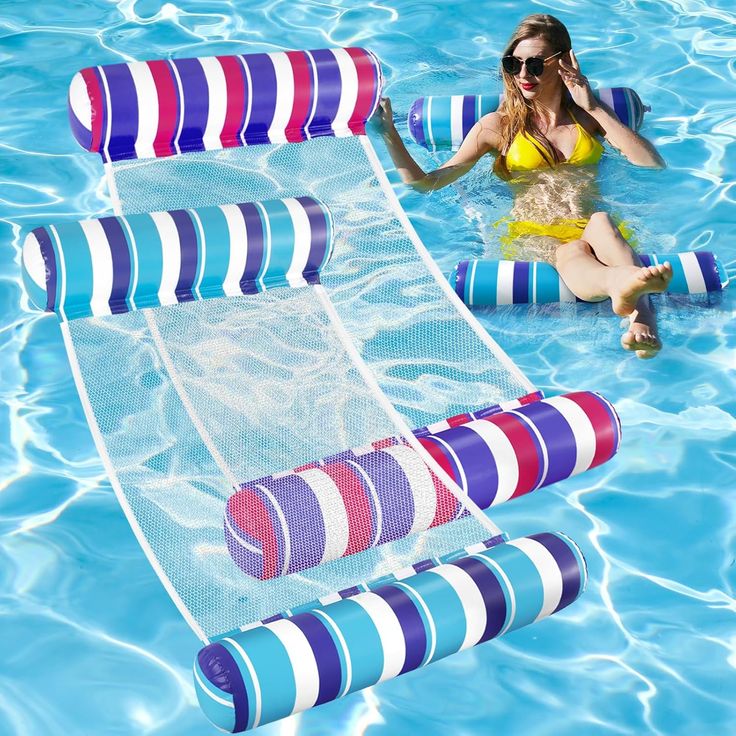 a woman in a yellow swimsuit is floating on an inflatable pool mat