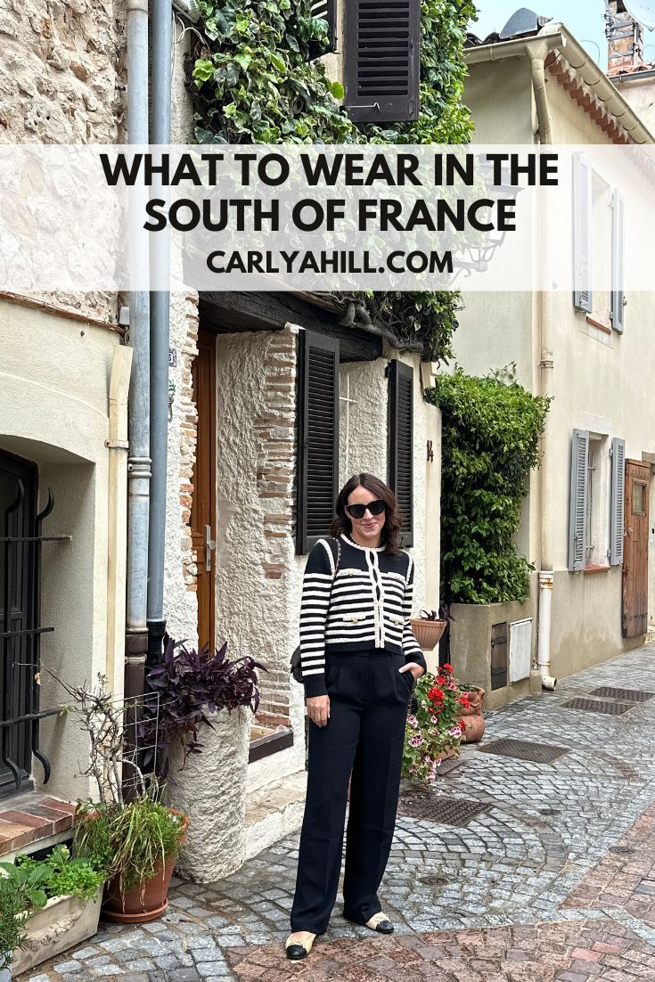 a woman standing in front of a building with the words what to wear in the south of france