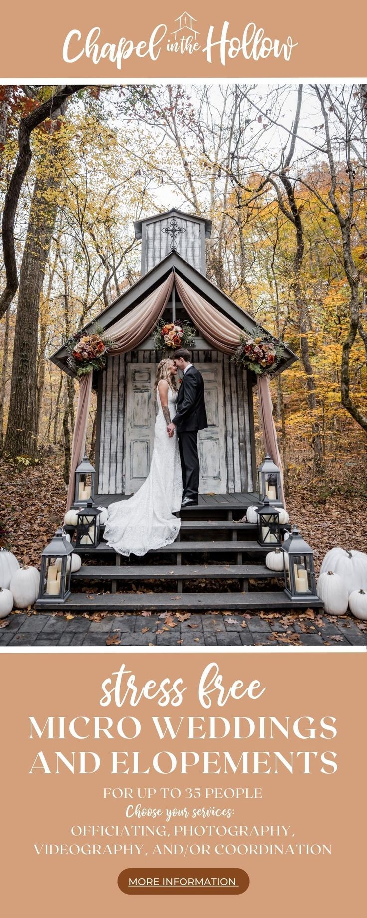 a couple standing in front of a small building with pumpkins on the ground and trees around