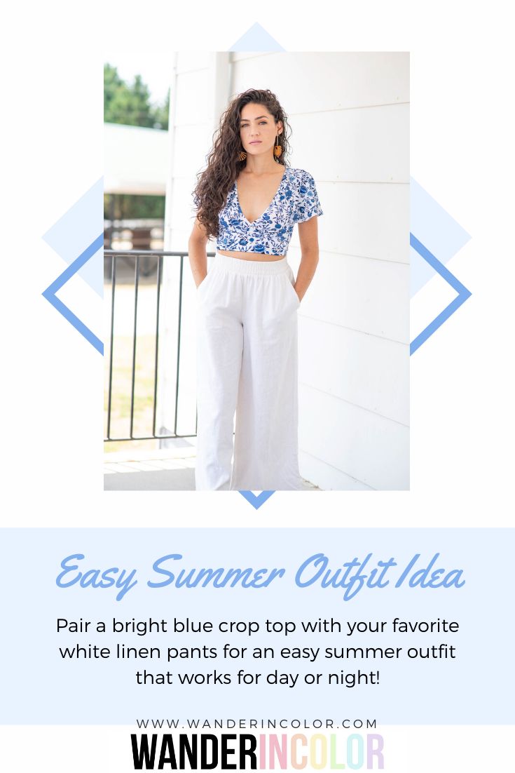 Pair a bright  blue crop top with your favorite white linen pants for an easy breezy summer outfit! #summerstyle #summerfashion #ootd #ootn #affordablefashion #outfitinspo #outfitideas Blue Top Outfit Ideas, Blue Top Outfit, Top Outfit Ideas, Easy Summer Outfit, Style Hacks, Simple Summer Outfits, Blue Crop Top, White Linen Pants, Blue Floral Top