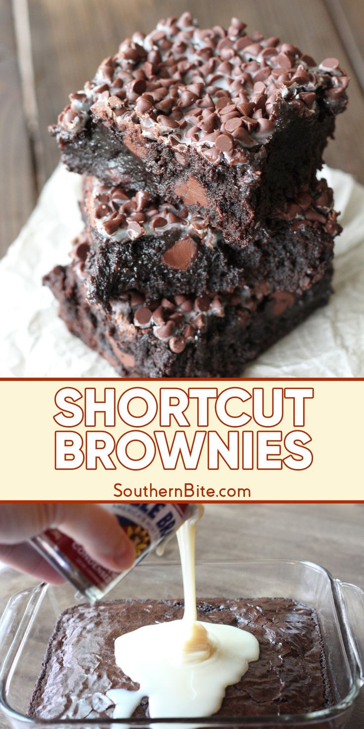 chocolate brownies with white icing being drizzled over them in a glass dish