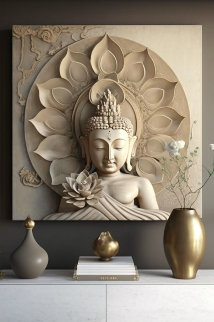 a buddha statue sitting on top of a white table next to vases and flowers