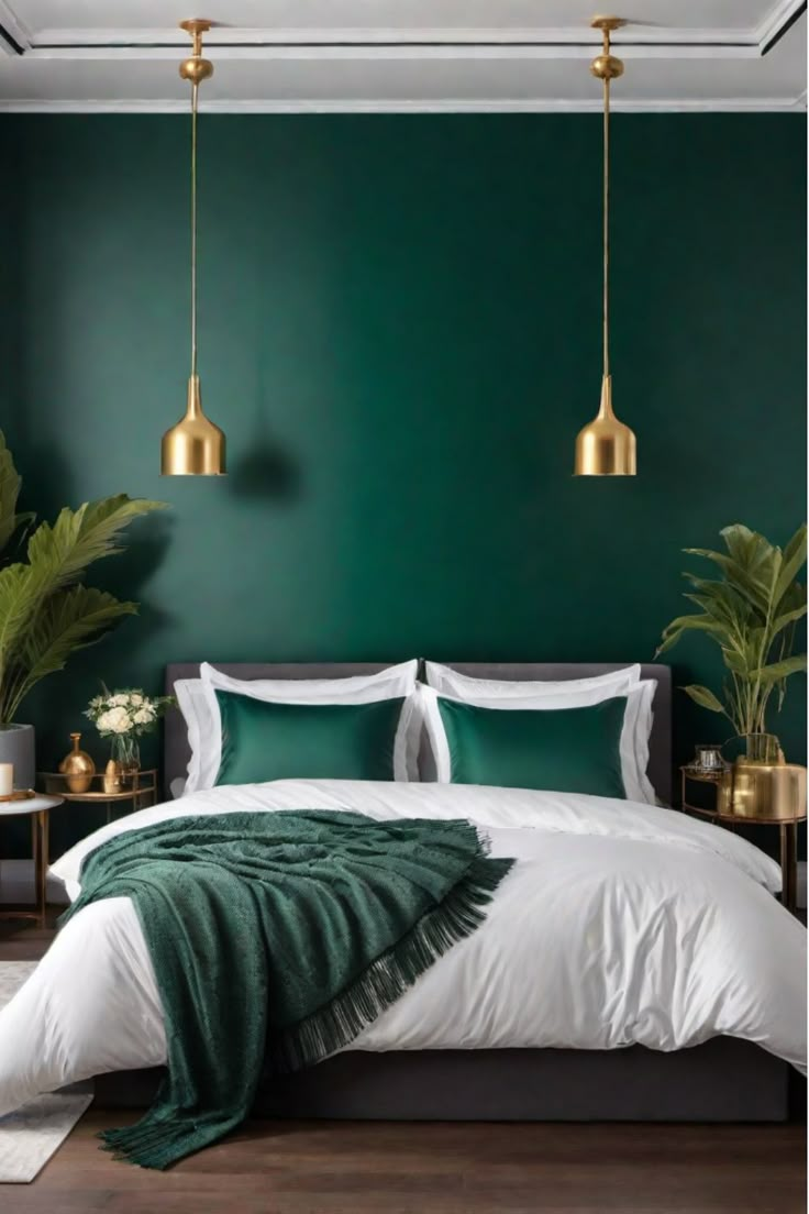 Luxurious bedroom with emerald green accent wall Accent Wall Bedroom Apartments, Emerald Green Room Aesthetic Bedroom, Emerald Bedroom Ideas Color Schemes, Emerald Green Themed Bedroom, Emerald Green Wall Bedroom, Emerald Wall Color, Dark Green And Gold Bedroom Ideas, Emerald Master Bedrooms Decor, Bedroom Ideas With Green Walls