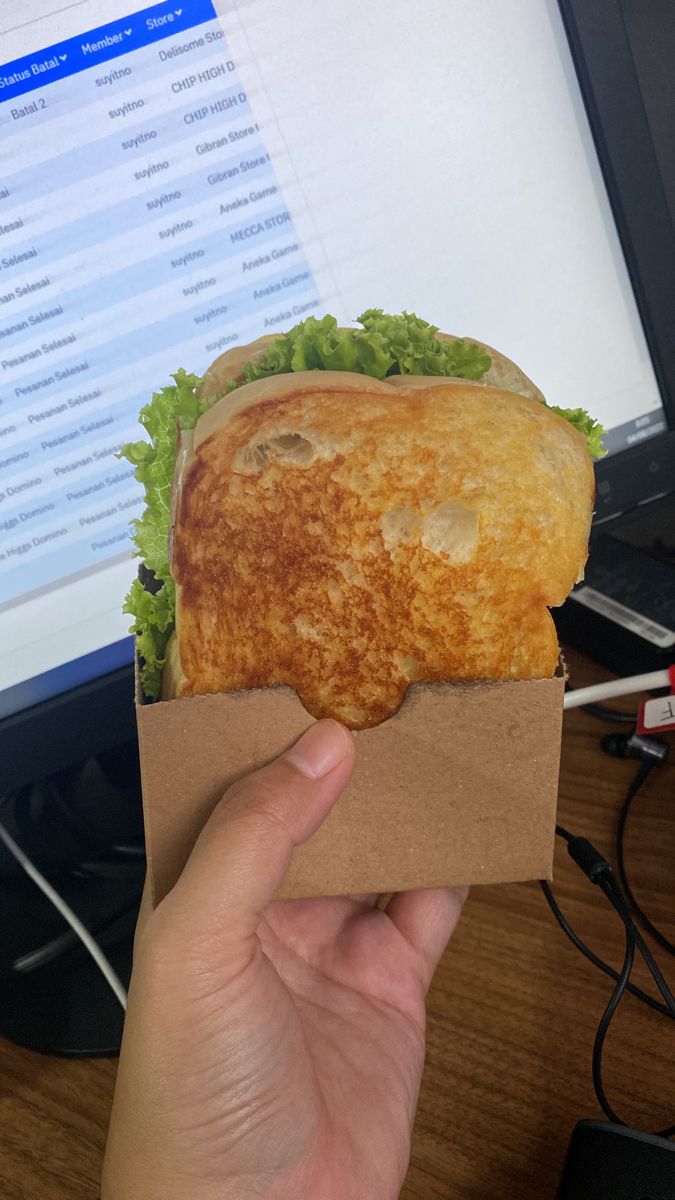 a person holding up a sandwich in front of a computer