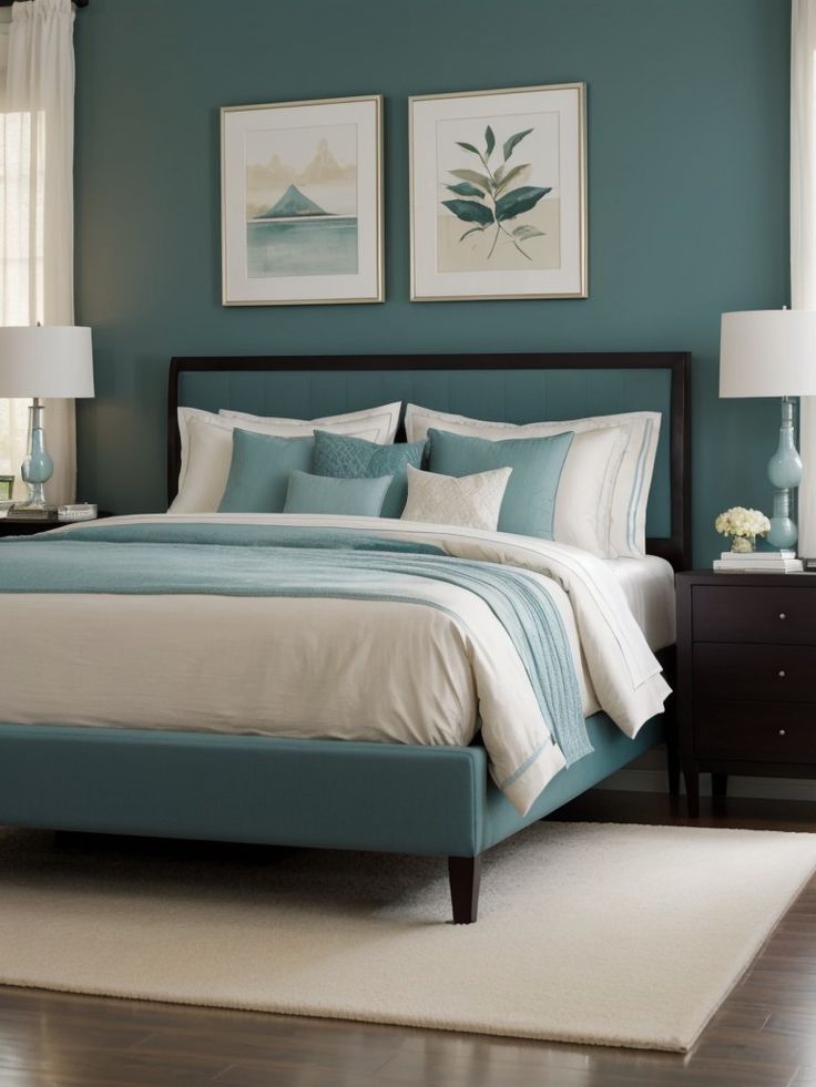 a bedroom with blue walls and white bedding in the center, along with two framed pictures on the wall