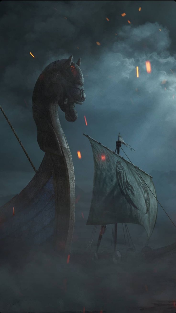 a man standing on top of a boat next to a giant dragon in the sky