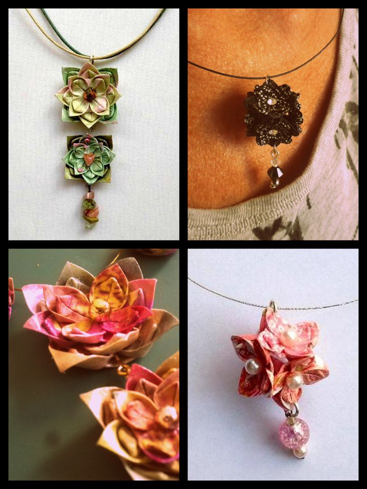 four different pictures of flowers and necklaces