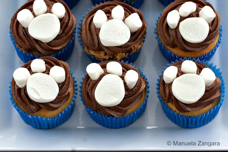 cupcakes with frosting and marshmallows are arranged in a box