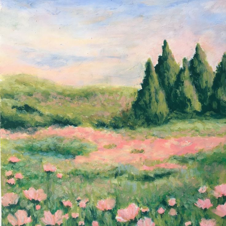 an oil painting of pink flowers in a green field with trees on the other side