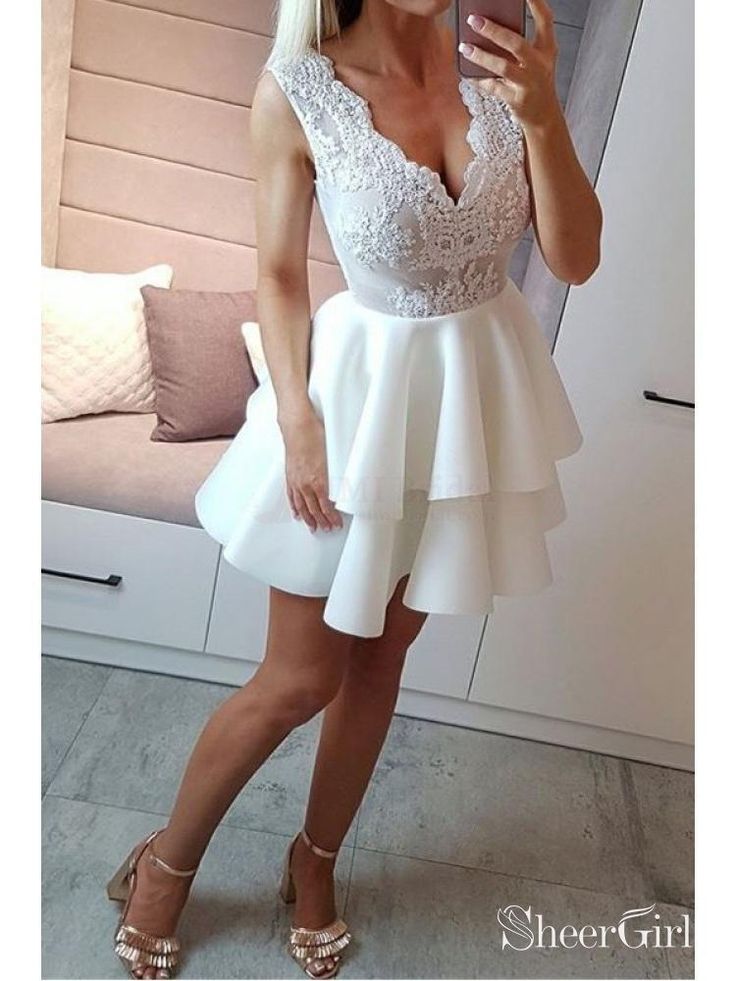 Lace Appliqued Grey Mini Homecoming Dresses Cheap V Neck White Cocktail Dress ARD1505-SheerGirl Homecoming Dresses White, White Prom Dress Short, White Homecoming Dress, Freshman Homecoming Dresses, Simple Homecoming Dresses, Mini Homecoming Dresses, White Homecoming Dresses, Cheap Homecoming Dresses, White Cocktail