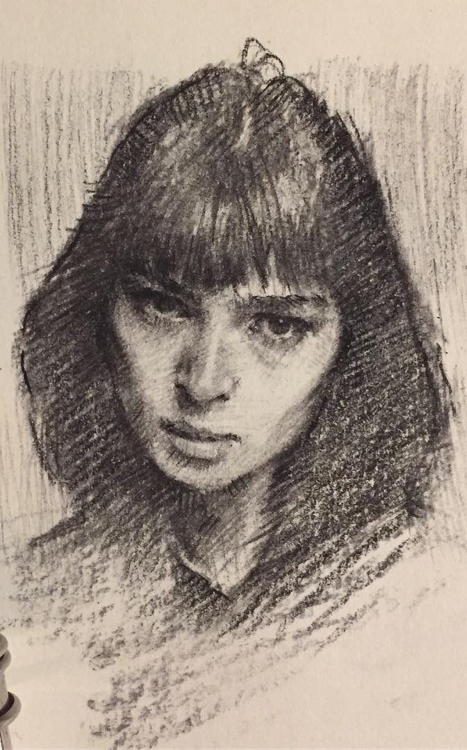 a pencil drawing of a woman's face with bangs and bangs on her head