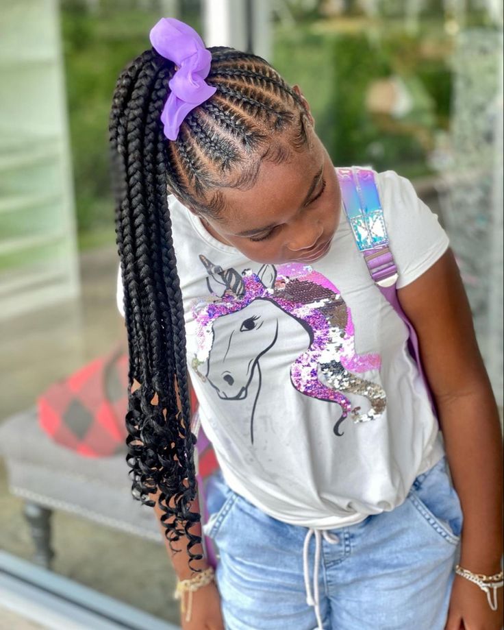 Kids Braided Ponytail With Curls, Kids Feed In Ponytail, Kid Hairstyles Black Braids, Kids Braided Hairstyles Ponytail, Hairstyles For 9 Year Girl Black, Kid Feed In Braid Styles, Cornrow Ponytail Hairstyles For Kids, Easy Braid Styles For Black Girls Kids, Kids Feed In Braids Hairstyles