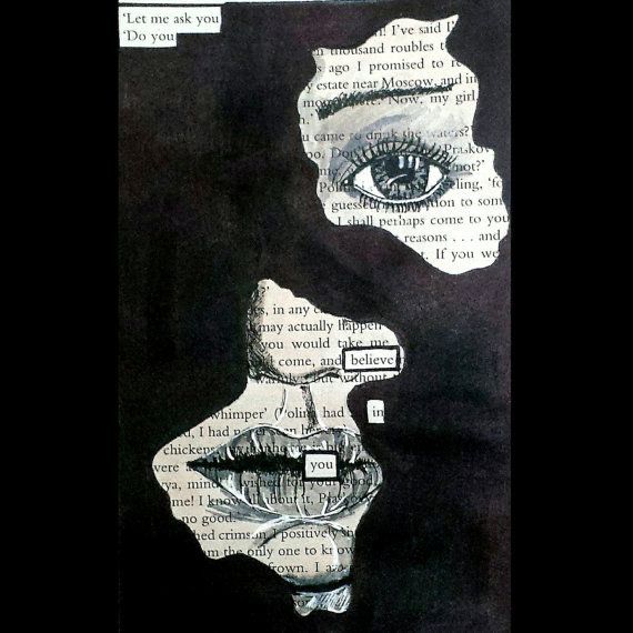 an image of a woman's face made out of newspaper paper with words written on it