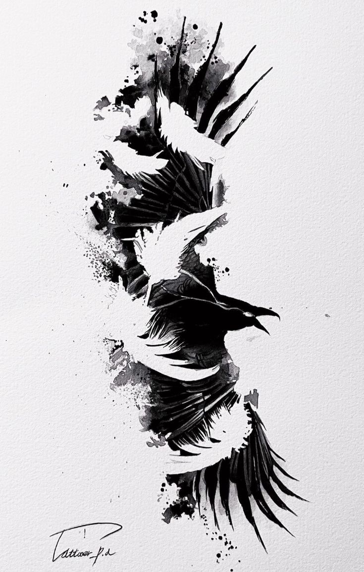 black and white drawing of birds flying in the sky