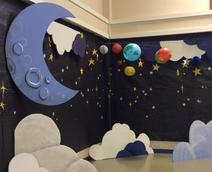 an open door decorated with clouds, planets and stars