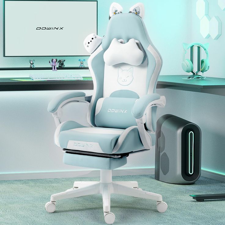 an office chair that is sitting in front of a monitor and mouse on the desk