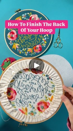 a person holding up a paper plate with the words how to finish the back of your hoop